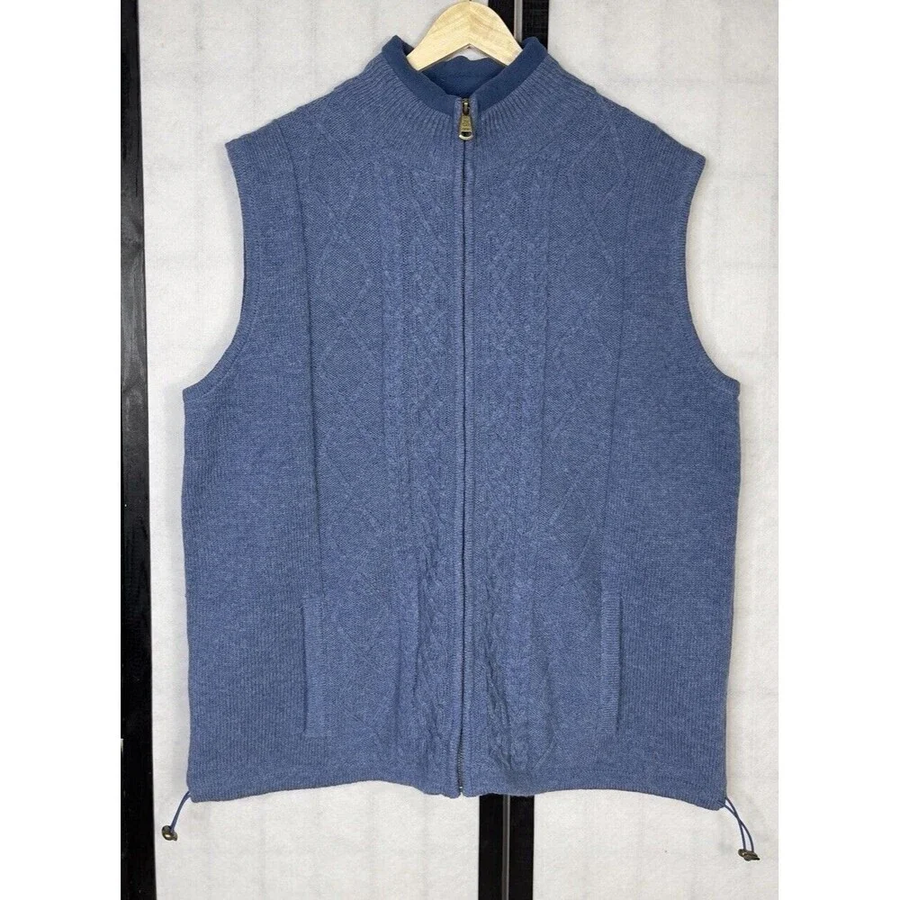 ARAN Woolen Mills Sweater Vest Mens XXL Blue Irish Cable Wool Full Zip Fisherman